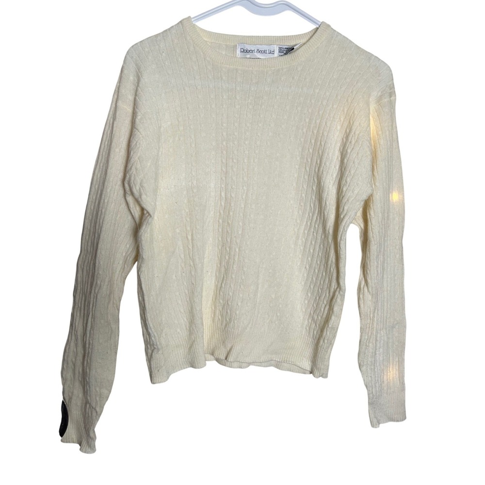 Robert Scott Vintage Cream Lambswool Blend Preppy Cable Knit Crewneck Sweater 36